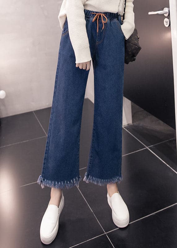 Pantalon ample en denim bleu avec taille élastique et cordon de serrage, poches à pompons, en coton, jambes larges, été