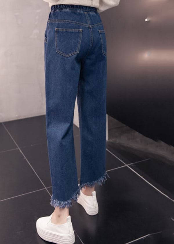 Pantalon ample en denim bleu avec taille élastique et cordon de serrage, poches à pompons, en coton, jambes larges, été