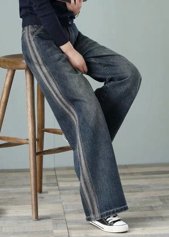 Pantalon ample en denim bleu avec poches taille haute en coton à jambes larges pour femmes au printemps