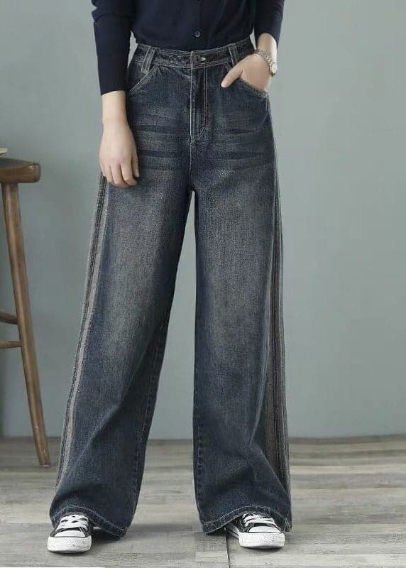 Pantalon ample en denim bleu avec poches taille haute en coton à jambes larges pour femmes au printemps