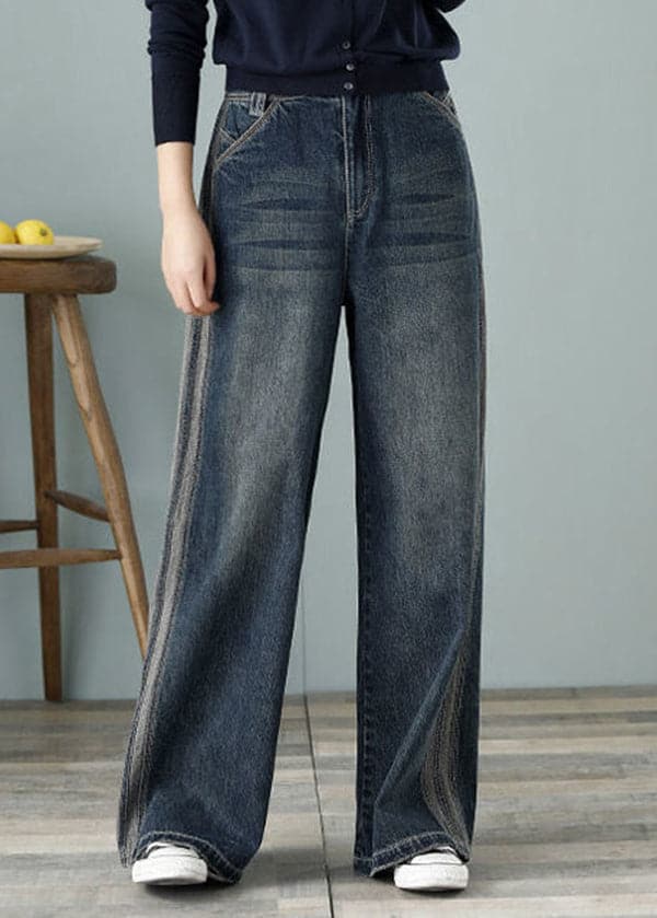 Pantalon ample en denim bleu avec poches taille haute en coton à jambes larges pour femmes au printemps