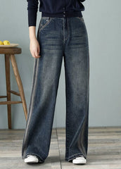 Pantalon ample en denim bleu avec poches taille haute en coton à jambes larges pour femmes au printemps