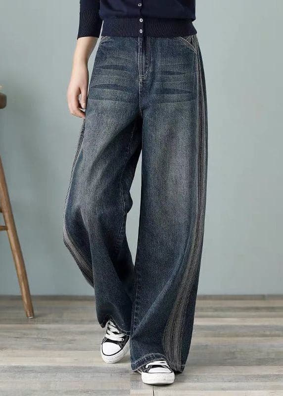 Pantalon ample en denim bleu avec poches taille haute en coton à jambes larges pour femmes au printemps