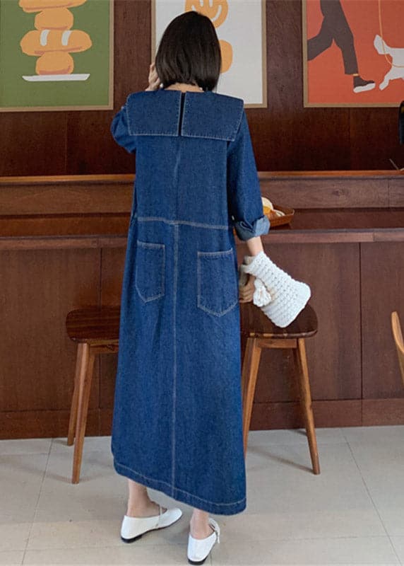 Robe ample en jean bleu à col Peter Pan avec poches patchwork et manches longues