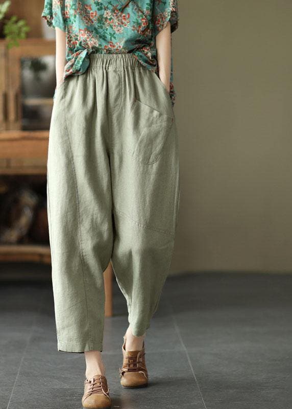 Loose Light Green Pockets Summer Pants Linen