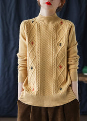 Loose Yellow Embroideried Floral Knit Sweaters Winter