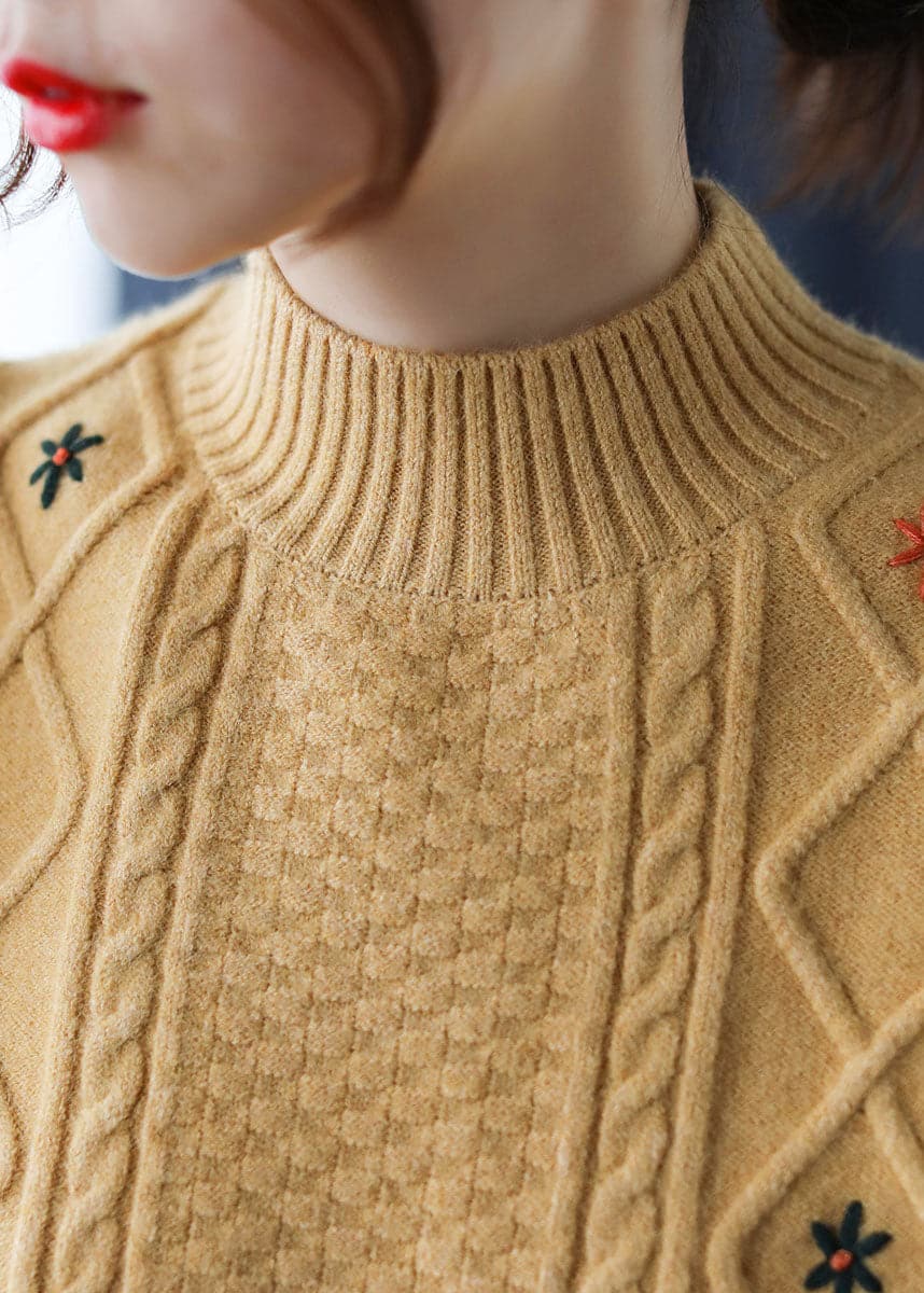 Loose Yellow Embroideried Floral Knit Sweaters Winter