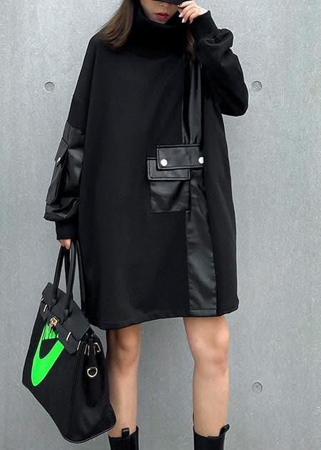 Loose black clothes Women high neck patchwork loose Dress