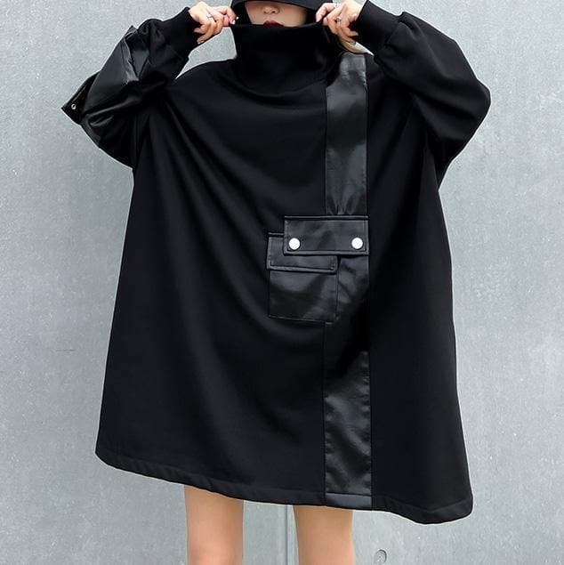 Loose black clothes Women high neck patchwork loose Dress