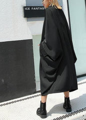 Loose black cotton Tunic lapel collar long summer Dresses