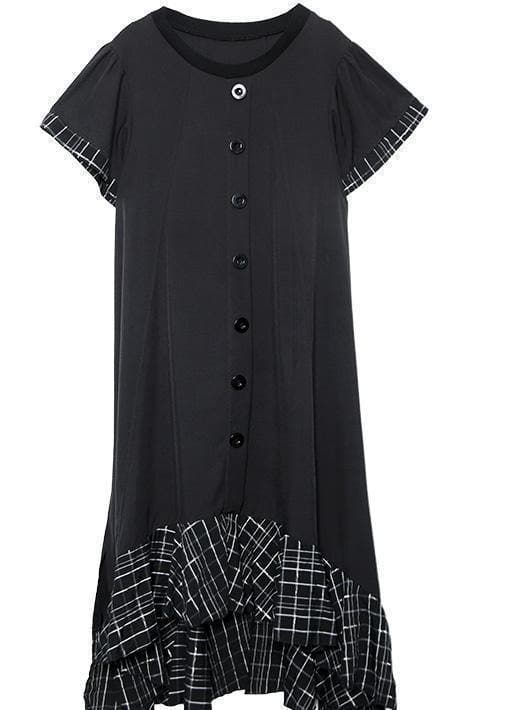 Robe d'été ample en coton noir avec ourlet à carreaux et patchwork