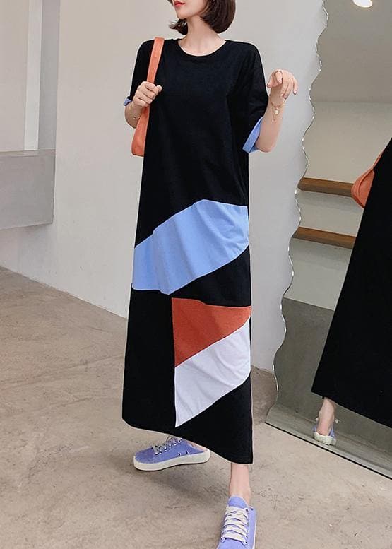 Loose black dress o neck Geometric patchwork Plus Size Dresses