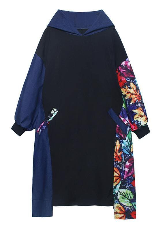 Loose black patchwork print quilting clothes hooded pockets Dress