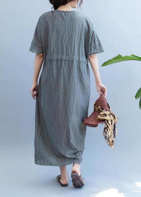 Vêtements amples à carreaux gris pour femmes, col en V, cordon de serrage, robe d'été artistique