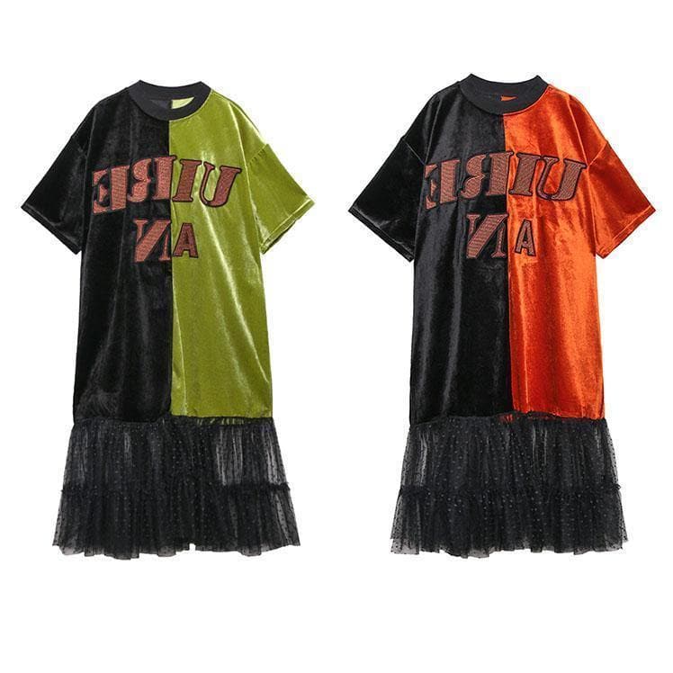 Robes de printemps en tulle patchwork à col rond et vêtements verts amples