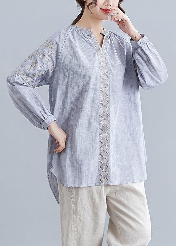 Chemisier ample en coton brodé bleu clair pour femme à col en V