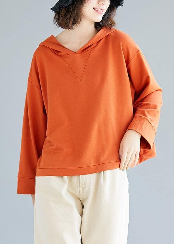 Loose orange cotton blouses for women hooded loose fall top