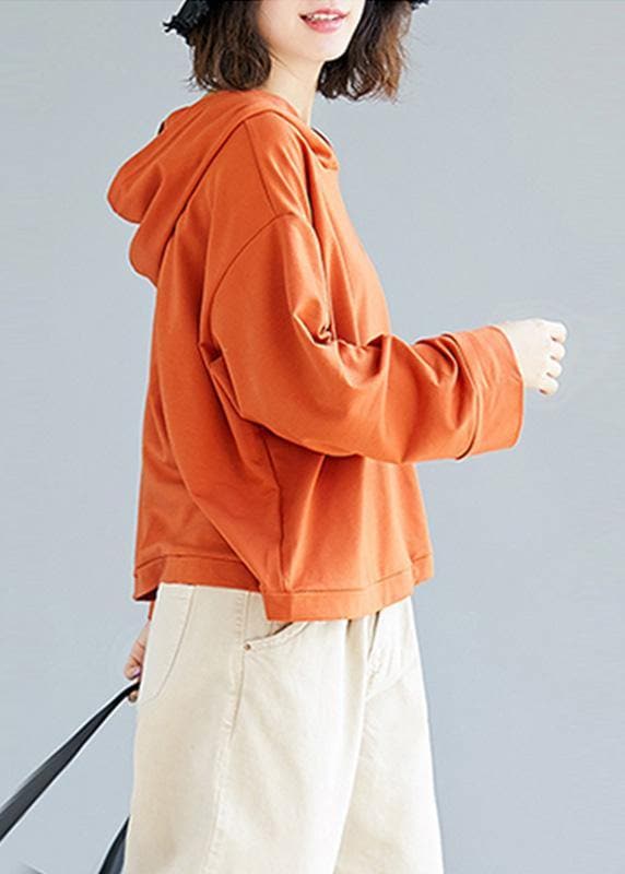 Loose orange cotton blouses for women hooded loose fall top