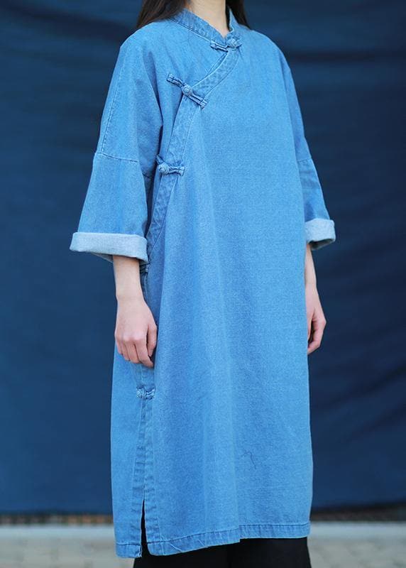 Robe tunique ample à col montant en jean bleu clair