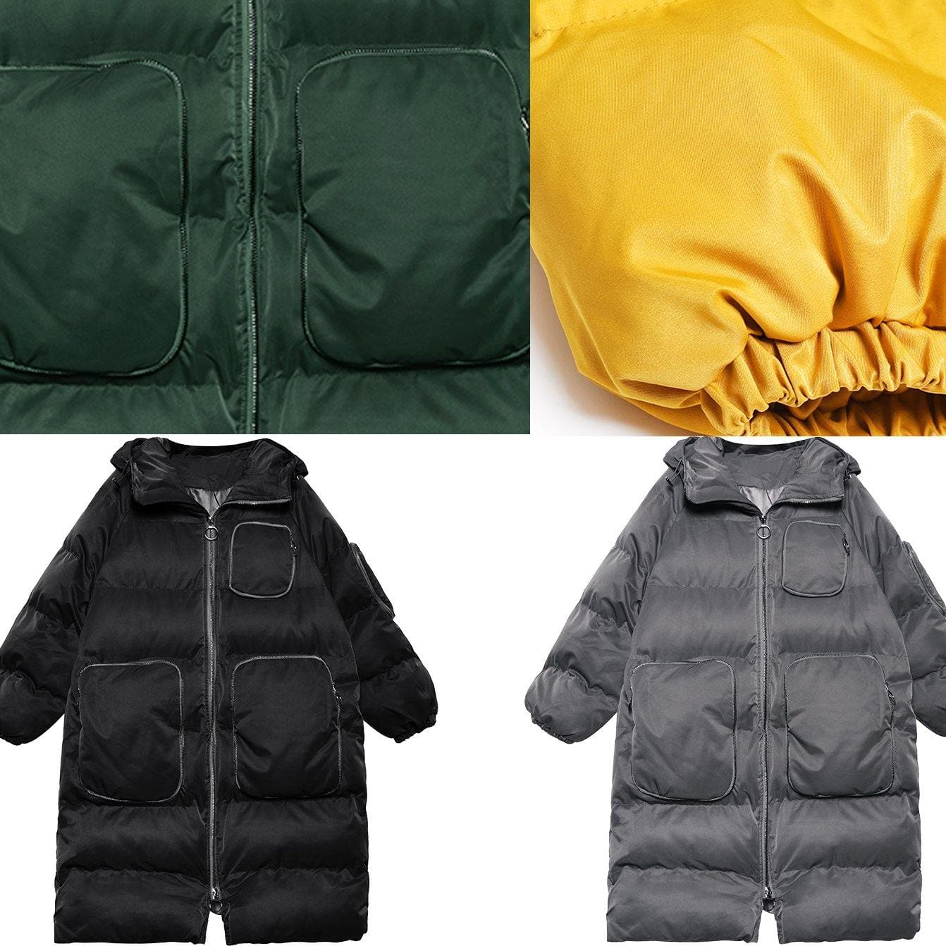 Parkas d'hiver verts de luxe Vestes de neige amples Manteaux d'hiver à capuche et à fermeture éclair