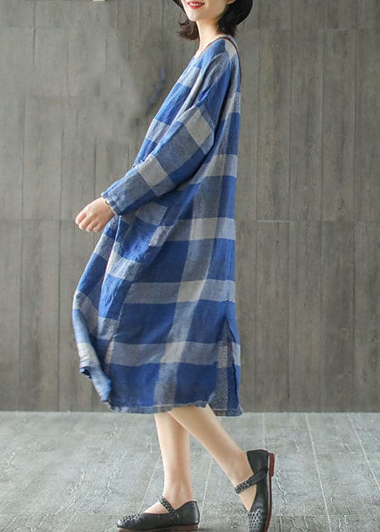 Modern Blue Loose Plaid Patchwork Linen Fall Maxi Dress