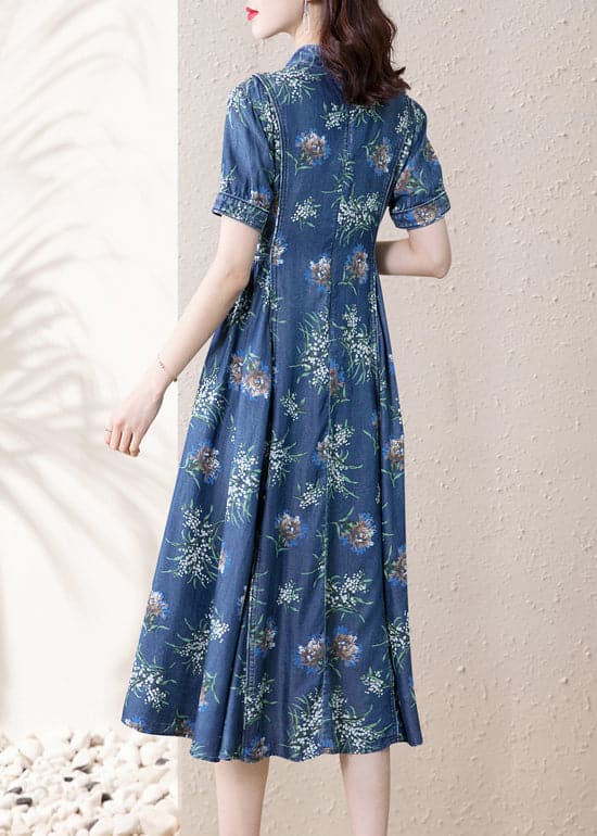 Modern Blue Stand Collar Cinched Print Denim Dress Short Sleeve