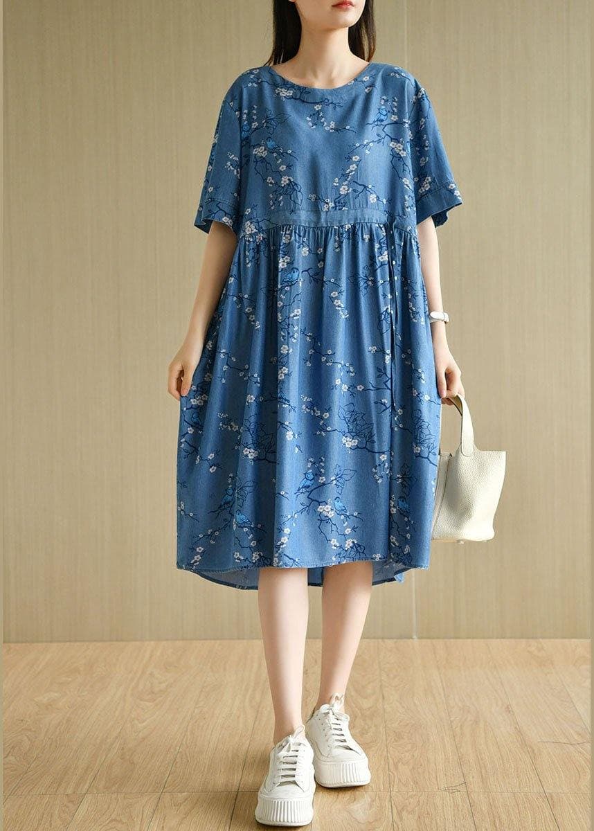 Modern Denim Blue O-Neck Print Summer Cotton Dress Short Sleeve