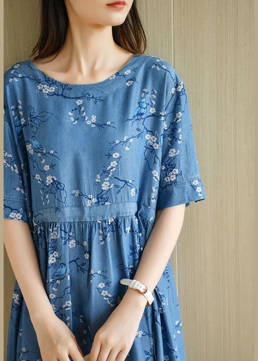 Modern Denim Blue O-Neck Print Summer Cotton Dress Short Sleeve