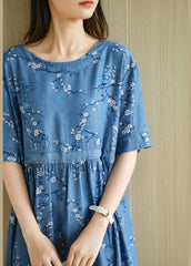 Modern Denim Blue O-Neck Print Summer Cotton Dress Short Sleeve