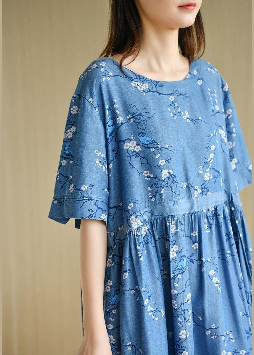 Modern Denim Blue O-Neck Print Summer Cotton Dress Short Sleeve