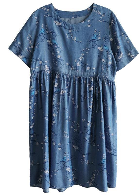 Modern Denim Blue O-Neck Print Summer Cotton Dress Short Sleeve