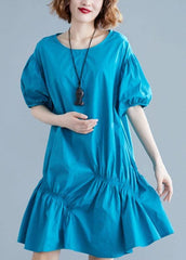 Modern blue Cotton Tunic o neck lantern sleeve oversized Dresses