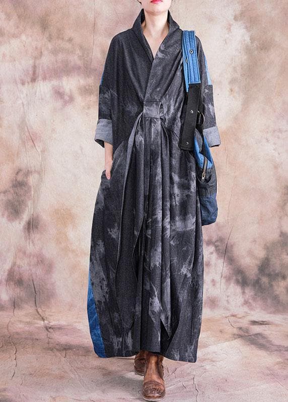 Robe en coton noir denim moderne col en V patchwork robe ample d'automne