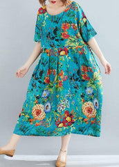 Modern o neck exra large hem linen cotton summer Robes Runway blue print Dresses