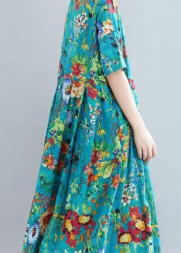 Modern o neck exra large hem linen cotton summer Robes Runway blue print Dresses