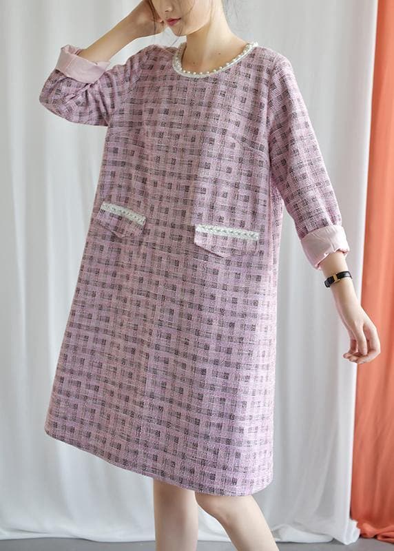 Robe à carreaux moderne, tenue mélangée, col rond, longueur genou