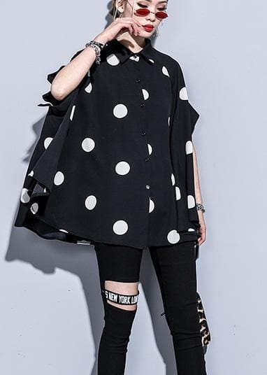 Mu black dotted chiffon clothes For Women 18th Century Catwalk lapel Art Summer Dress