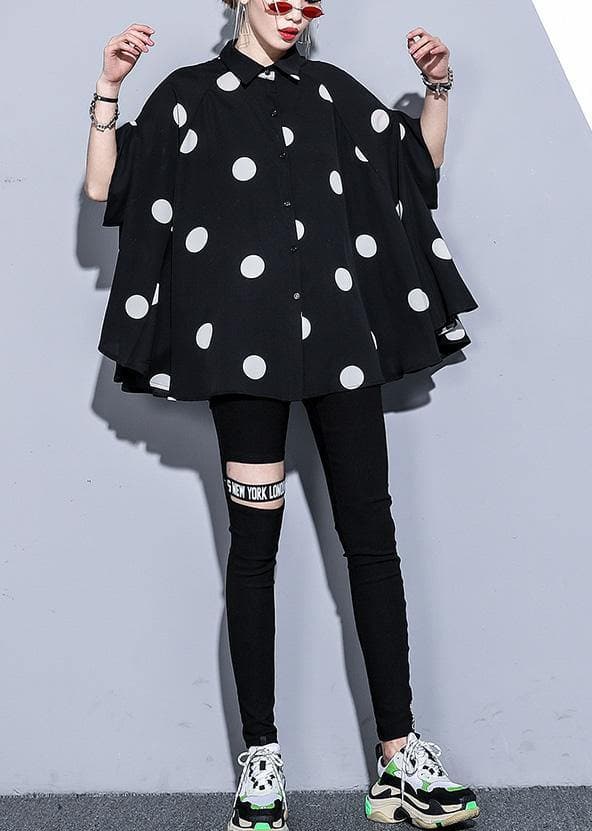 Mu black dotted chiffon clothes For Women 18th Century Catwalk lapel Art Summer Dress