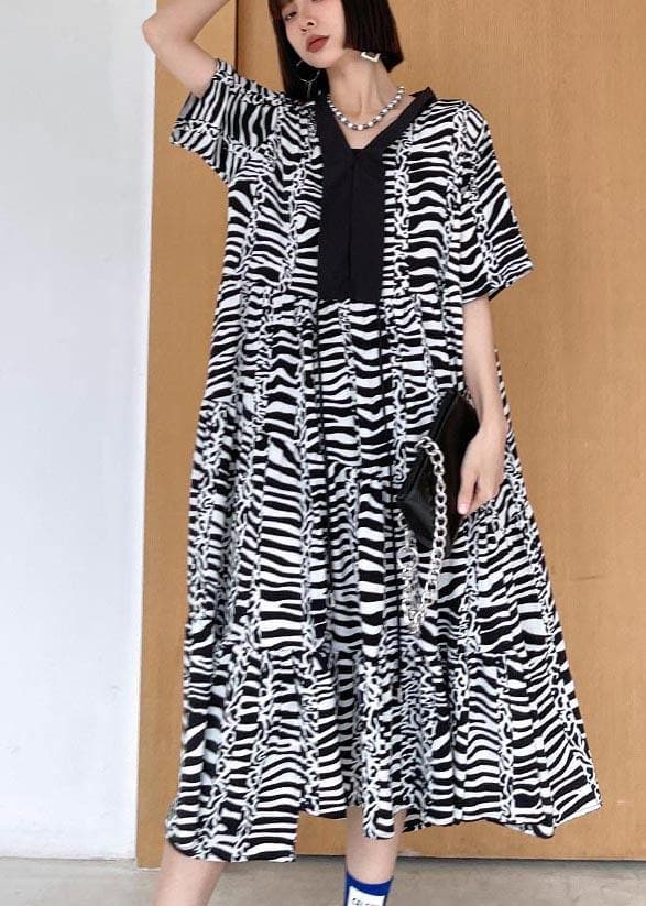 Natural Zebra pattern V Neck Cotton asymmetrical design Summer Maxi Dress