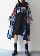 Natürliche schwarze Patchwork-Print-Kleider mit Rundhalsausschnitt, asymmetrisches Reise-Herbstkleid