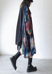 Natürliche schwarze Patchwork-Print-Kleider mit Rundhalsausschnitt, asymmetrisches Reise-Herbstkleid