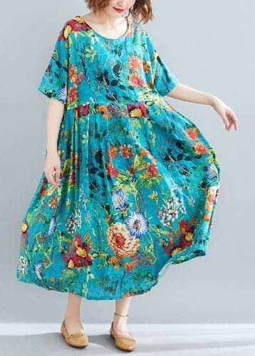 Natürliches blaues Printkleid mit Rundhalsausschnitt, geraffte Roben, Sommerkleid