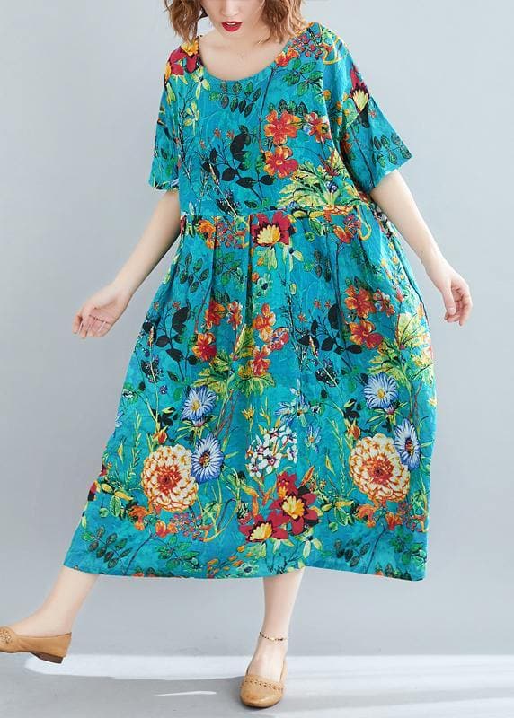 Natürliches blaues Printkleid mit Rundhalsausschnitt, geraffte Roben, Sommerkleid