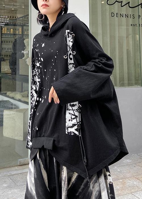 Natural hooded baggy tunic top Shirts black Letter shirt