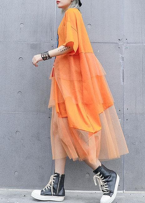 Vêtements en coton à imprimés orange naturels pour femmes, robes d'été amples en tulle patchwork