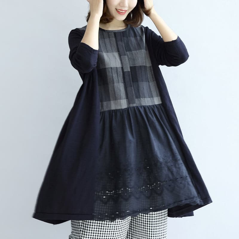 Navy plaid cotton dresses long sleeved maternity dress casual style