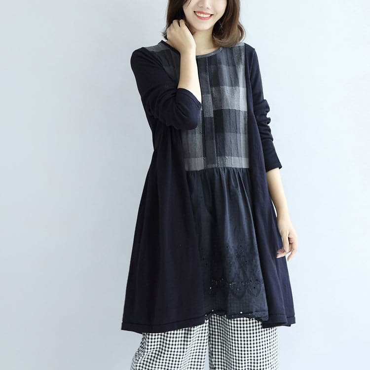 Navy plaid cotton dresses long sleeved maternity dress casual style