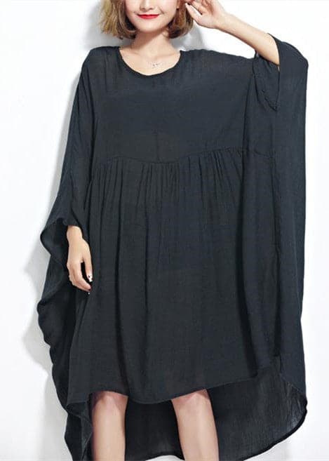 Neue schwarze Chiffon-Kleider in Übergröße, Maxi-Kleid aus Leinen, feine, hohe Taille, Fledermausärmel