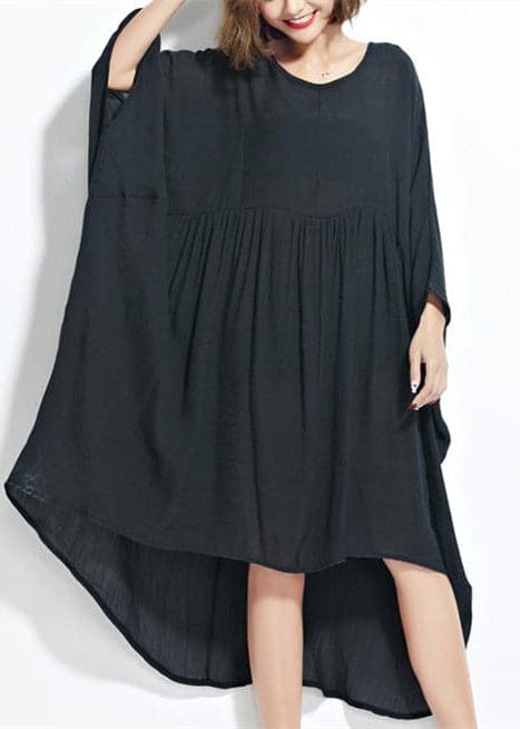 Neue schwarze Chiffon-Kleider in Übergröße, Maxi-Kleid aus Leinen, feine, hohe Taille, Fledermausärmel