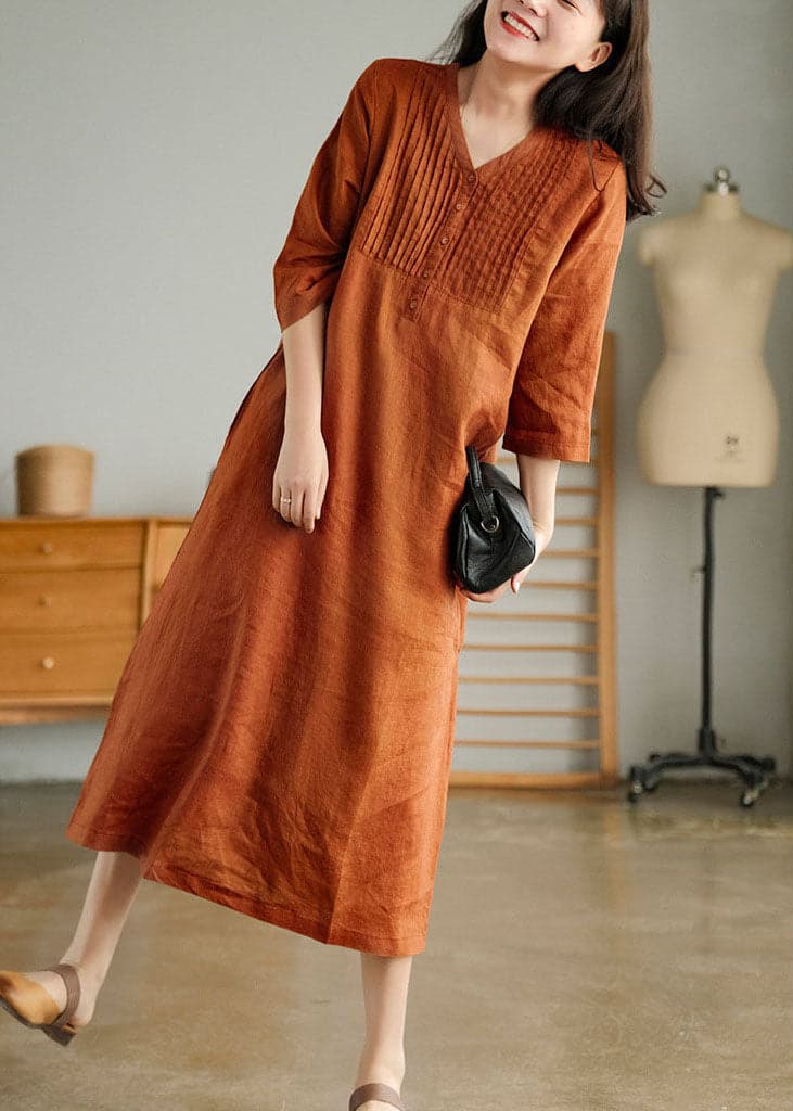 Organic Orange V Neck wrinkled Linen Party Dress Half Sleeve